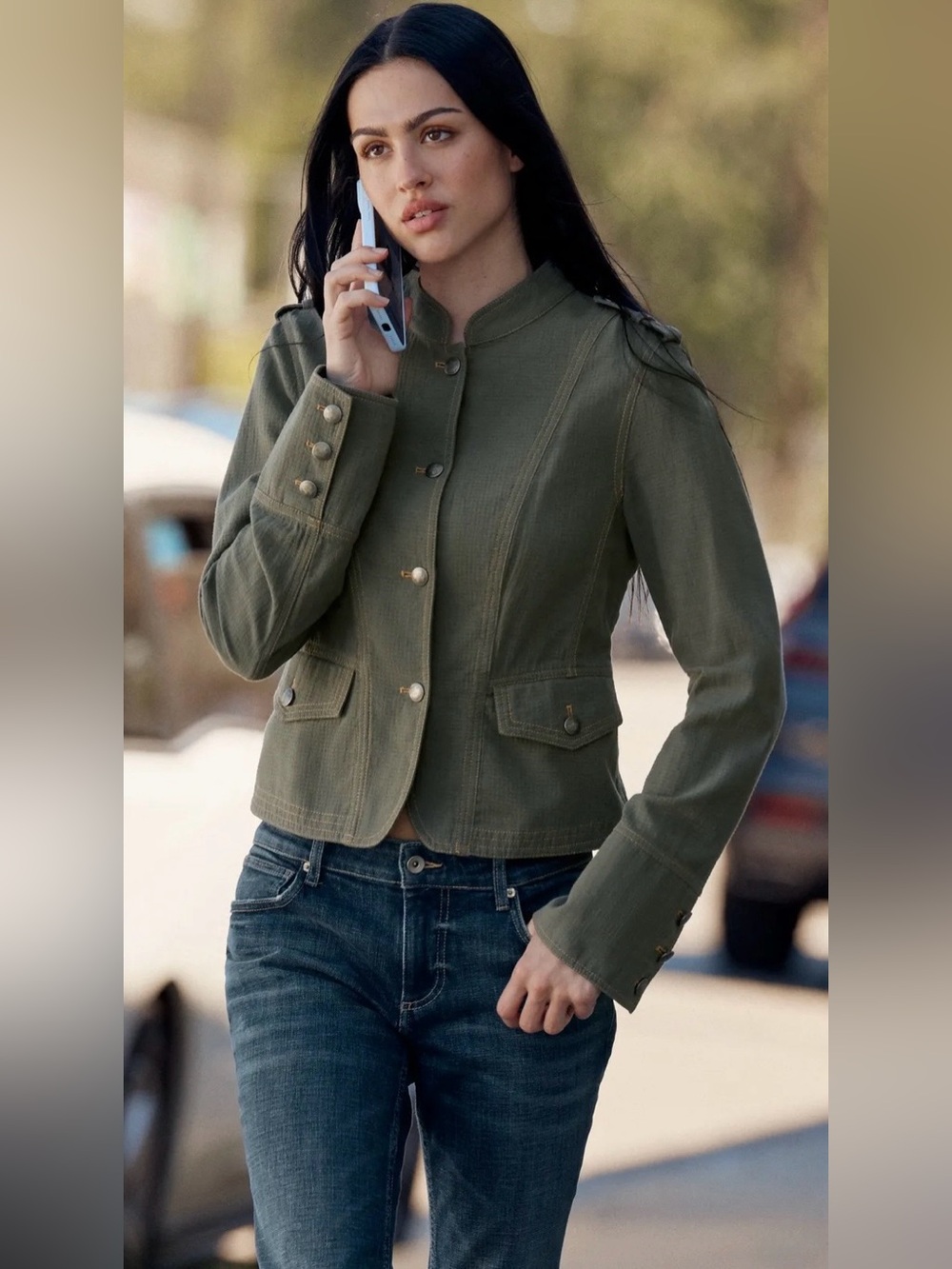 Zara Olive Green Military Utility Blazer Contrast Stitch Button